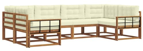 vidaXL Outdoor-Sofagarnitur mit Kissen 6 pcs Natur und Creme, Akazienholz Outdoor-Sofa-Set, modernes Gartenmöbel, Pool-Sitzgelegenheiten, Hinterhof-Lounge, Patio