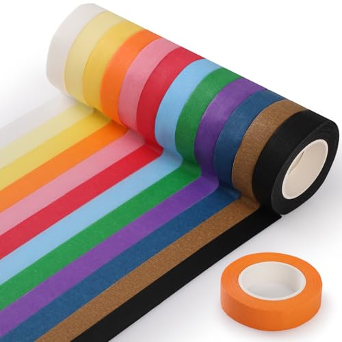 Simpeak 12 Rolle Klebeband, Farbiges Malerkrepp Papierklebeband Abreißbares Klebeband für Journaling Partydekorationen DIY Klassenzimmer Scrapbooking Malerarbeiten Kunst Journaling Handwerk, 13mx15mm