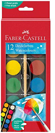 Faber-Castell 125012 - Aquarellfarbkasten mit 12 Farben, inklusive Pinsel, zum Malen, Illustrieren, Kolorieren und Zeichnen, 1 Stück