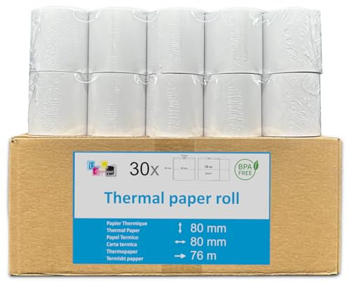 30 bobine thermique pour caisse enregistreuse ticket caisse standard rouleau 80 x 80 mandrin 12mm papier thermique standard adapté aux caisses enregistreuses imprimante thermique balance thermique