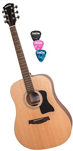 CASCHA Westerngitarre, Dreadnought Form, Akustik Gitarre, Western Acoustic Guitar, Stahlsaiten, Anfänger & Fortgeschrittene, inklusive 3 Plektren
