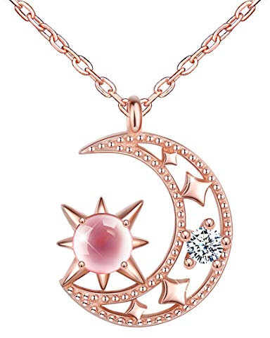 Unendlich U Damen kette Halskette 925 Sterling Silber Zirkonia Rosa Sterne Hängen am Mond Anhänger Allergenfrei Verstellbare Kette,Rosegold