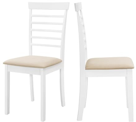 Hallowood Furniture Ledbury White Painted Dining Chairs Set of 2 w/SeatPad | Modern Solid Wooden Kitchen Chairs set of 2 with Warm Cream Seat Pads and Ladder Back Design for Home, Restaurant and Café