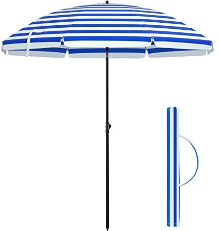 SONGMICS Parasol de Playa Ø 2 m, Sombrilla de jardín con UPF 50+, Inclinable, Portátil y Resistente al Viento, Varillas de Fibra de Vidrio, Bolsa de Transporte, Raya Azul y Blanco GPU65WU