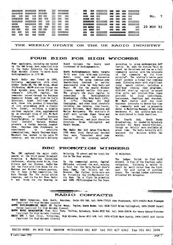 Radio News: No. 7, 20 November 1992: The Weekly Update On The UK Radio Industry ('Radio News' newsletters) (English Edition)