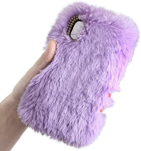 LCHDA Plüsch Hülle für iPhone SE 2. Generation 2020/iPhone 8/iPhone 7(4.7) Niedlich Flauschige Künstlich Kaninchen Haar Süße Winter Warm Weich Hase Pelz Handytasche Stoßfest TPU Schutzhülle - Violett