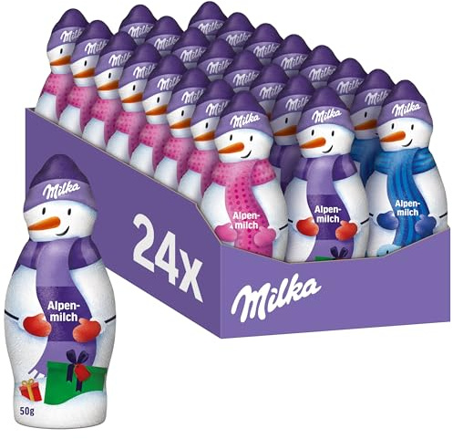 Milka Schneemann Alpenmilch, 3 Designs, 50 g (24er-Pack) | Großpackung, ideal für Veranstaltungen, Geschenke oder Vorrat in der Advents- und Weihnachtszeit