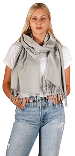 DOLCE ABBRACCIO by RiemTEX Damen Winter Schal kuschelig und warm Winterschal mit Fransen Schals Damenschal in Unifarben (Grau)