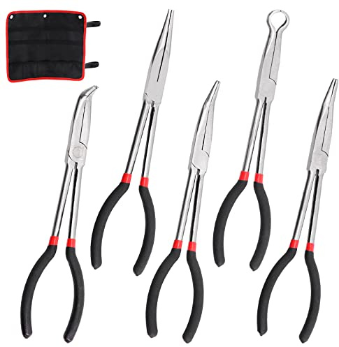 Keadic 5 Pcs 11 lange Spitzzangen-Set,Präzisions-Spitzzangen-Sortiment, 27,9 cm, O-förmige Spitzzange, Reparaturwerkzeug – gerade, 25, 45, 90-Grad-Winkel, Kreiszange, perfekt für Karosserie