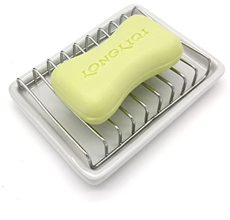 Bolagar Portasapone in ceramica con vassoio di scarico in acciaio inox, porta sapone autolivinante, portasapone per doccia, bagno, lavello da cucina
