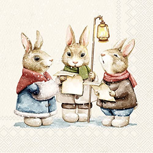 IHR Ideal Home Range - Servietten klein Weihnachten LEISE RIESELT DER SCHNEE cream Hasen singen Lieder Schnee Leuchter 20 St. Cocktail-Servietten 25 cm x 25 cm