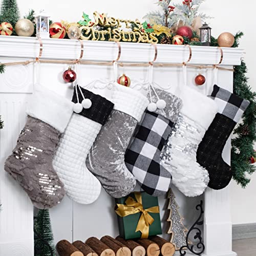 Weihnachtsstrumpf, große Größe, schwarz-weiß und grau, Kontrastfarbe, Design kombiniert mit Flanell-kariert, Plüsch-Haarball, Pailletten, zum Aufhängen für Familiendekorationen, Geschenk, 6 Stück