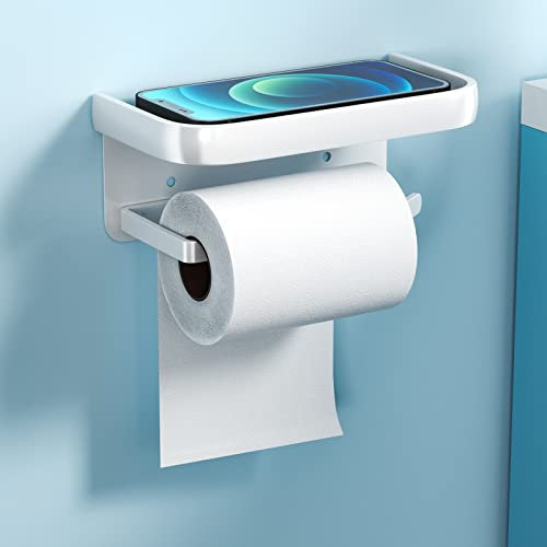 Uootach Portarrollos de Papel Higiénico sin taladrar de Aluminio, Soporte de Papel con estantes, Autoadhesivo Portarrollos de Pared, portarrollos de Papel higiénico Apto para baño, Cocina(Blanco)