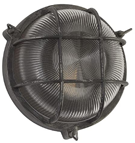 Britalia Black Silver & Ribbed Glass Outdoor Vintage Round Flush Bulkhead Wall Light | 280mm Diameter | IP44 Rated | 1 x ES E27 Lamp Bulb Required | Bathroom Use | UK Approved