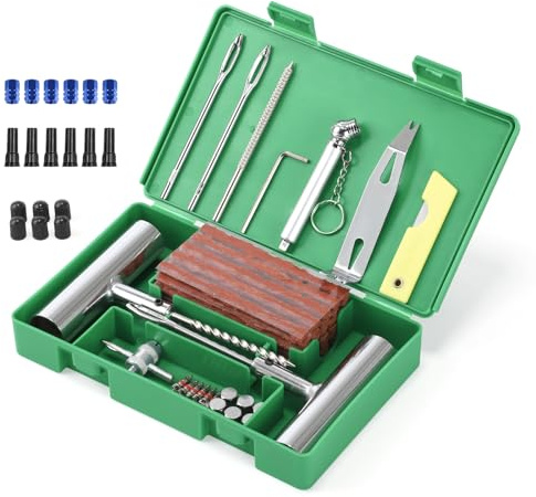 71tlg Reifenreparaturset, Heavy Duty Reifen Reparaturset, Reparatur Set | tragbares,mit Reifendruckmesser, Handschuhe, Zubehör für Autos, Fahrräder, Motorrad, Traktor, Lastwagen,ATV, LKW, und mehr