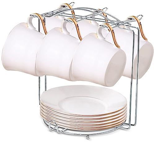 Supporto per tazze da tè e piattini, in metallo, per tazze da tè e caffè, organizer per tazze da caffè, cucchiai e piattini (argento)