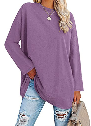 Ebifin Oversized T Shirts Women Long Tops Long Sleeve T Shirt Crewneck Tunic Tops Bluse Sweatshirts.Purple.XXL