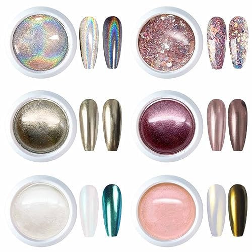 GZMAYUEN Chrome Nail Powder Set, Mirror Effect Metallic Chrom Pulver für Nägel, Weiß Perle Chrome Powder Rose Aurora Pigment Nagel Pulver Nagelpuder 6 Farbe