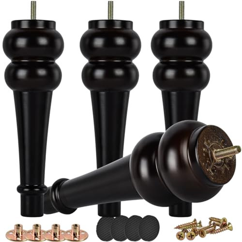 Btowin 9.6 Inch / 24cm Solid Wood Furniture Legs, 4Pcs Large Turned Walnut Wooden Bun Feet, Threaded M8 Hanger Bolt & Mounting Plate & Screw Sofa Couch Ottoman TV Stand Bed