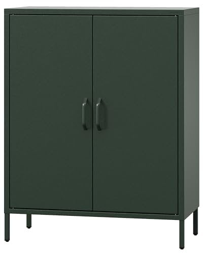 Jan Nowak Sideboard aus Metall, Kommode Glitzernd mit Doppeltür - VITO | Magnetverschluss, Verstellbare Einlegeböden | Highboard Wohnzimmer, Flur, Industriedesign | 80 x 101,5 x 40 cm | Flaschengrün