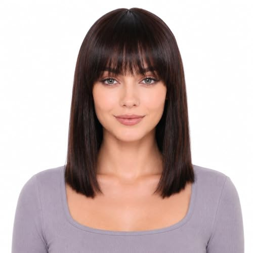 ManeMajesty Perruque Yaki Raide avec Frange 40 cm, Couleur naturelle femme | 100 % cheveux humains brésiliens, texture Yaki souple, fabriquée à la machine, sans dentelle frontale, pour femme