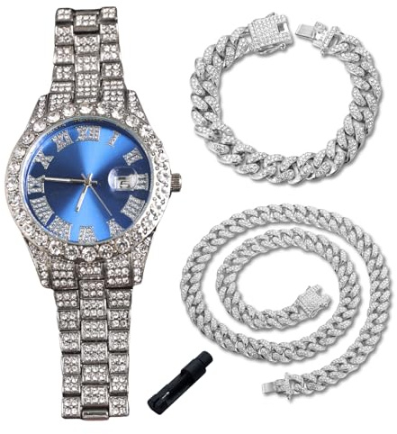 Genkigold Diamantuhr für Teenager Jungen – 42mm Römische Ziffern Rundes Zifferblatt in 3 Farben – 18K Echtgold/Platin Plattiert 20cm Armband – Inkl. Einstellwerkzeug, Kombinierbar mit Cuban-Kette