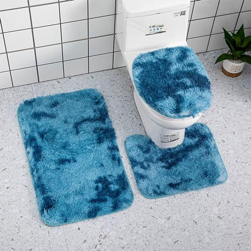 Badematten & Badteppiche Set 3 Teilig Schwarz Gold Mikrofaser Flauschige Marmor Muster Badezimmerteppich WC Vorleger mit Ausschnitt Waschbar rutschfeste Badvorleger Toilette Teppich (01-Blau, 3pc)
