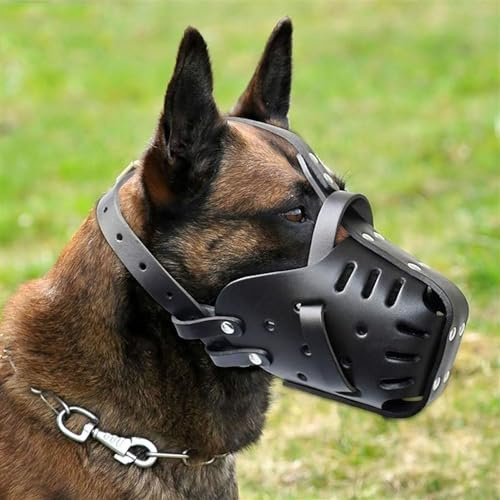 ZWESKUX German Shepherd Malinois Muzzle, Leather Mouth Guard for Biting, Chewing, Grooming, Adjustable, Breathable, for Medium and Large Dogs, Black, Neck Circumference - 35 x 50 cm