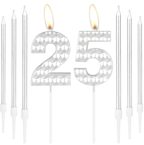 Silver 25th Birthday Decorations - 25 Candles, Cake Topper for Girls & Boys, Happy Birthday Party & Wedding Anniversary