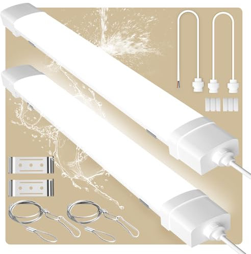 papasbox 2 Stück LED Feuchtraumleuchte 90cm | Leuchtstoffröhre 30W Röhre LED Werkstatt Deckenleuchte Lampe | 4500K Neutralweiß IP65 Wasserdicht Leuchtstofflampe für Keller Werkstatt Garage Küche