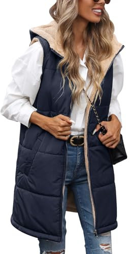 Tuopuda Damen Weste Lang mit Kapuze, Steppweste Gefüttert Fleeceweste Warme Winterjacke Freizeit Ärmellos Jacke Thermo Stehkragen Vest Kapuzenweste Reißverschlüsse Herbst Winter, Marine, XXL