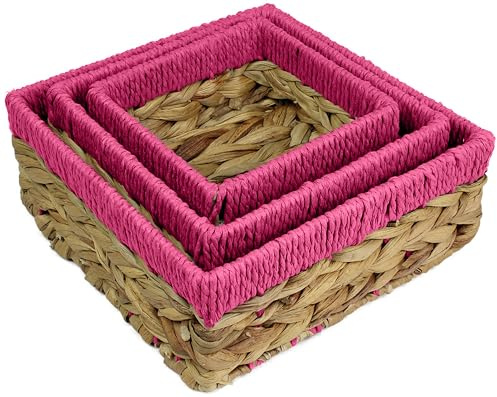Small Water Hyacinth Square baskets for storage. Natural with Pink edges for shelves open hamper decorative gift mini tray make up Kitchen organiser (Set of Three, Large 22cm)