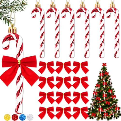 6 Stück Zuckerstangen, 12 Stück Schleifen, Baumschmuck, Weihnachtsbaum Anhänger, Weihnachtsbaumschmuck (Red)