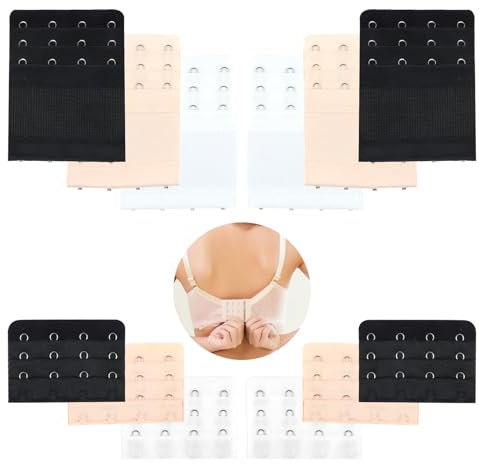 12 Stück BH Verlängerung, Stretch BH Erweiterung, Bra Extender Weich Elastische BH Verschluss Verlängerung, BH-Verlängerer für Mädchen Damen Schwangere (Beige, Schwarz, Weiß-4 Haken)