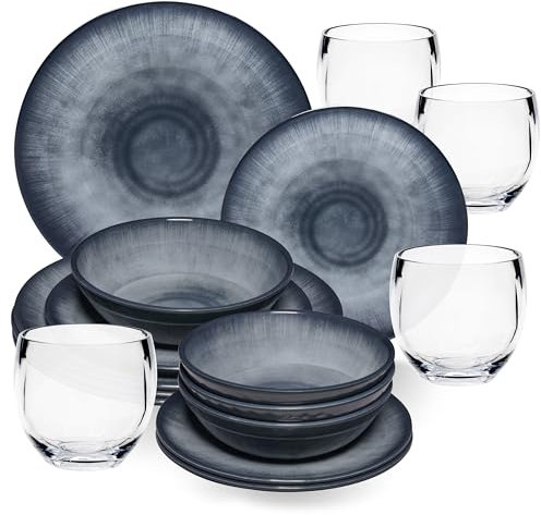 Jesolo Vaisselle en mélamine pour 4 personnes Gris – 16 pièces – Avec verre transparent de 400 ml – Aspect grès acrylique Passe au lave-vaisselle Accessoires de camping, caravane, camping, festival