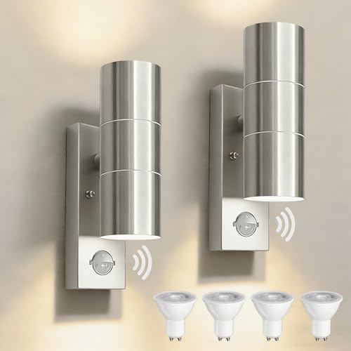 JNR Edelstahl Außenlampe mit Bewegungsmelder, Aussenlampe Silber 2 Pack | Einstellbarer PIR Bewegungsmelder Dämmerungssensor, IP54 Wasserdichte 230V Wandleuchte, 2x5W GU10 3000K LED Glühbirne
