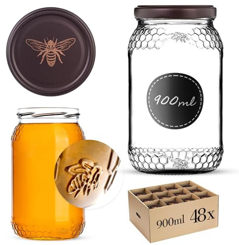 KADAX Lot de 48 bocaux à miel, 900 ml, avec couvercle à visser fi82 mm, pour miel, confiture, verres à vis, motif d'abeille dorée