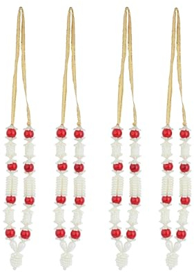 Set of 4 Mala Ribbon Beads Stone Mala for God Idol Sringar Ornament(5) | Mala Beads Stone Haar Small Idol-Mala for God Puja Articles for Indian Traditional Festival Janmashtami Decor Red,White
