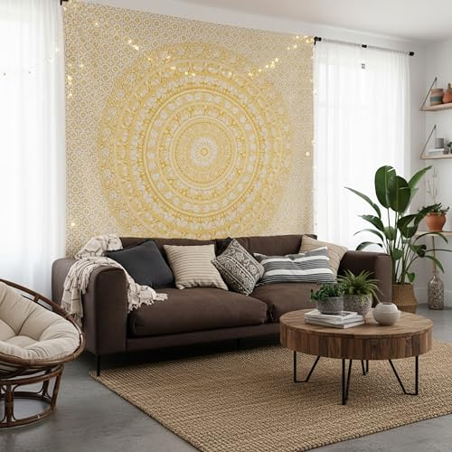 Craft Trade Mandala Gelb Wandteppich Indische Wandtuch Tapestry Wandbehang Boho Wandteppiche für Heimdeko Wohnzimmer und Schlafzimmer - 228 x 274 cm