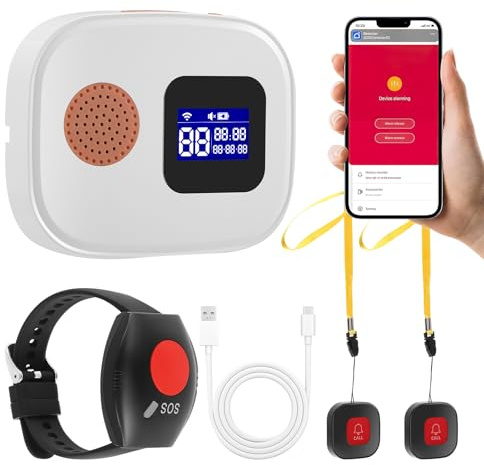 Wireless Personal Alarm for Elderly with Fall Detection & App Alerts, SOS Emergency Call Button Pendant, WiFi Caregiver Pager System for Home Use - Includes 1 Receiver, 1 Call Button, 1 Wrist Strap