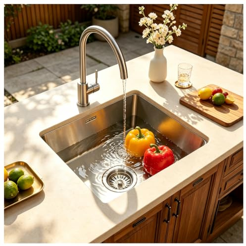 HZKSINNK Évier de cuisine en acier inoxydable 38 x 38 cm - 1 bac argenté - Petit évier encastrable avec robinet, grille d'écoulement, kit d'écoulement, évier encastré, rectangulaire, montage encastré