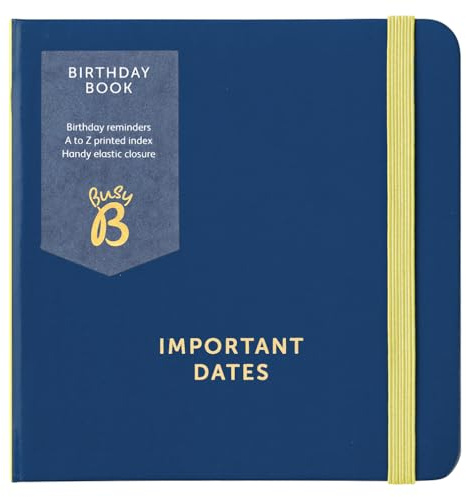 Busy B Birthday Log Book - Navy Cover | Compact birthday log book with monthly reminders, space for multiple birthdays and elastic closure for easy reference.