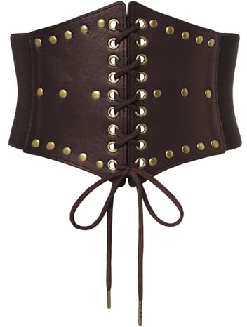 SCARLET DARKNESS Damen Mittelalter Gürtel Lace up vorne Elastischer Bund Korsett Breiter Gürtel Dunkelbraun mit Nieten L