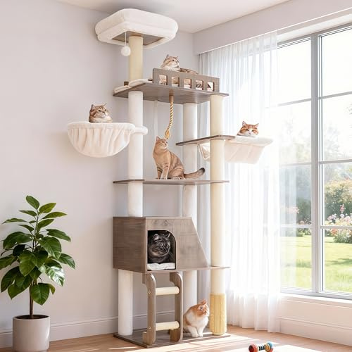 Hey-brother Holz Kratzbaum, 184 cm, mehrstöckiger, moderner Stil, MPJ121SG | Stabil Katzenbaum für mehrere Großkatze, Mit Grosse Plattformen, Korb, Katzenhöhle, Kämmmaschine und Leiter, Gris Vintage