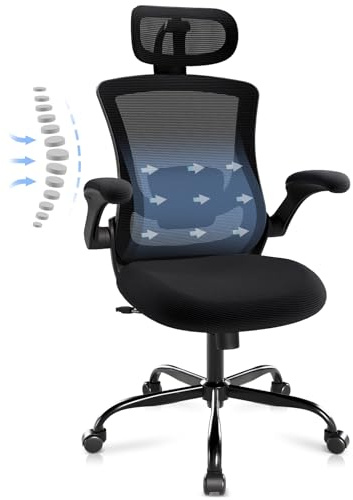 COLAMY Ergonomischer Mesh Bürostuhl mit Verstellbarer Kopfstütze und Lendenstütze, hochklappbare Armlehnen, 140° Wipp- und Rastenfunktion, Höhenverstellbarer Bürodrehstuhl, Ganz schwarz