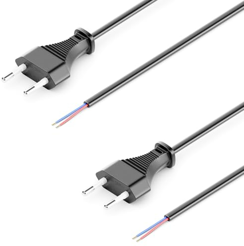 deleyCON 3,0m Euro-Netzkabel offenes Kabelende Typ C, 2 Stück - Schwarz | Stromkabel, Ersatzkabel, Anschlusskabel, Zuleitung mit flachem Euro Stecker, für Leuchten, Lampen und Leuchtmittel