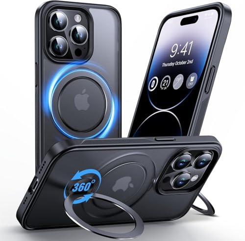 Anqrp 360° All-in-One-Ständerhülle für iPhone 14 Pro Hülle mit Rotierbarem Magnetischem Ständerringhalter, Kompatibel mit MagSafe, Matt Stoßfeste MIL-Grade-iPhone 14 Pro Case 6,1 Zoll, Schwarz