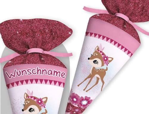 Generisch Schultüte Rehkitz personalisiert – Stoff Zuckertüte mit Namen | Einschulung 2026 Mädchen | Beckmann Forest Deer Pink | Kissenoption|LeMaLuMa