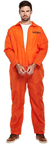 Prisoner Costume Men With Handcuffs - Orange Jumpsuit Prison Outfit Convict Costume For Halloween Costumes Men Adult, Fancy Dress & Parties, Robber, Prison, Jail, Boiler Suit Dress Up, One Size