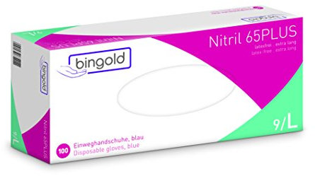 BINGOLD 632003 Nitrile 65 Plus Einweghandschuhe, Puderfrei, Anatomisch Geformt, nach Cat. III, Größe L, Blau (Packung mit 100 Stück)